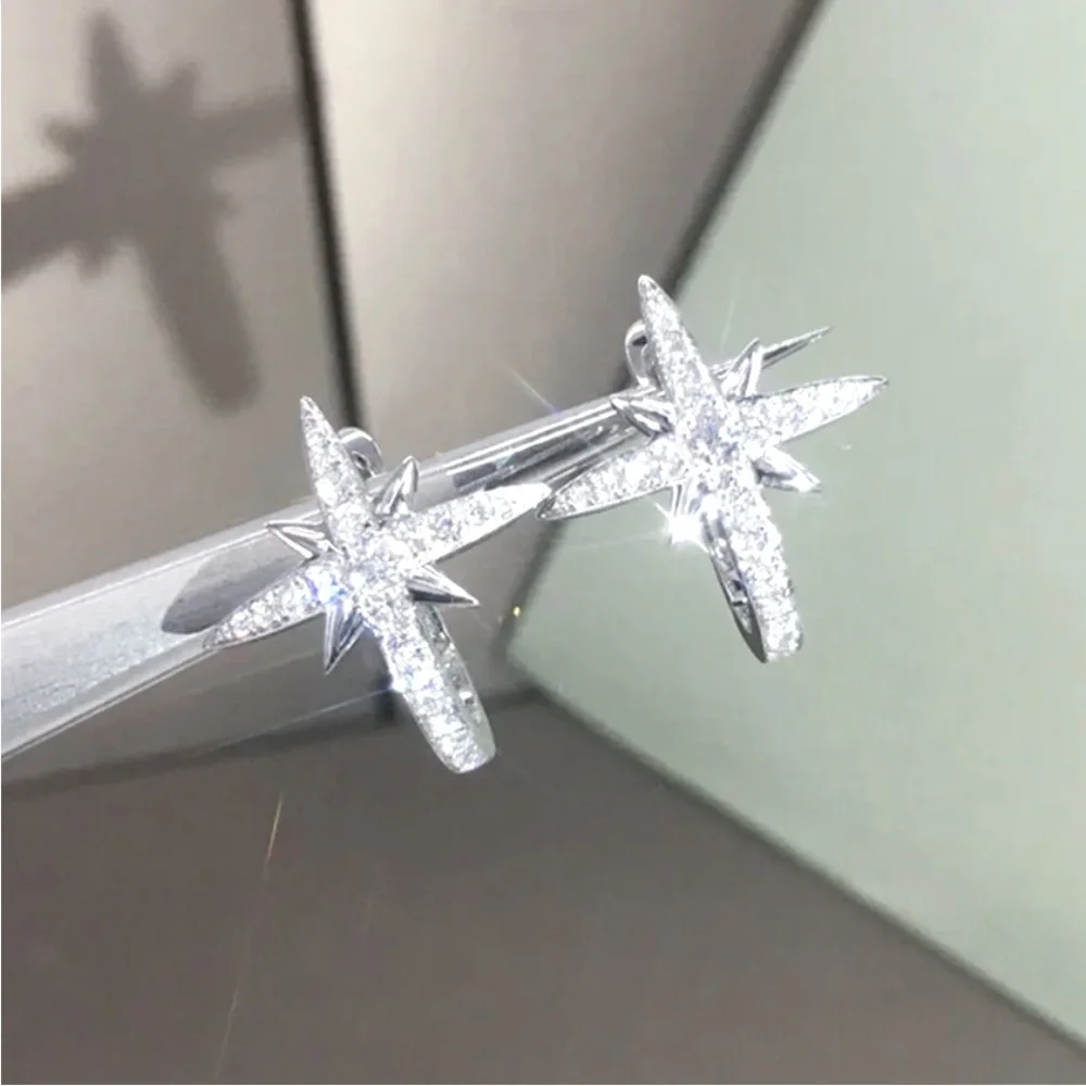 New Sterling Silver White Sapphire Star Huggies